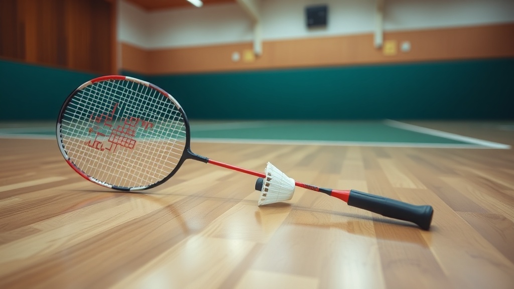 실내 배드민턴 코트 바닥에 놓여 있는 하얀색 셔틀콕과 라켓의 모습