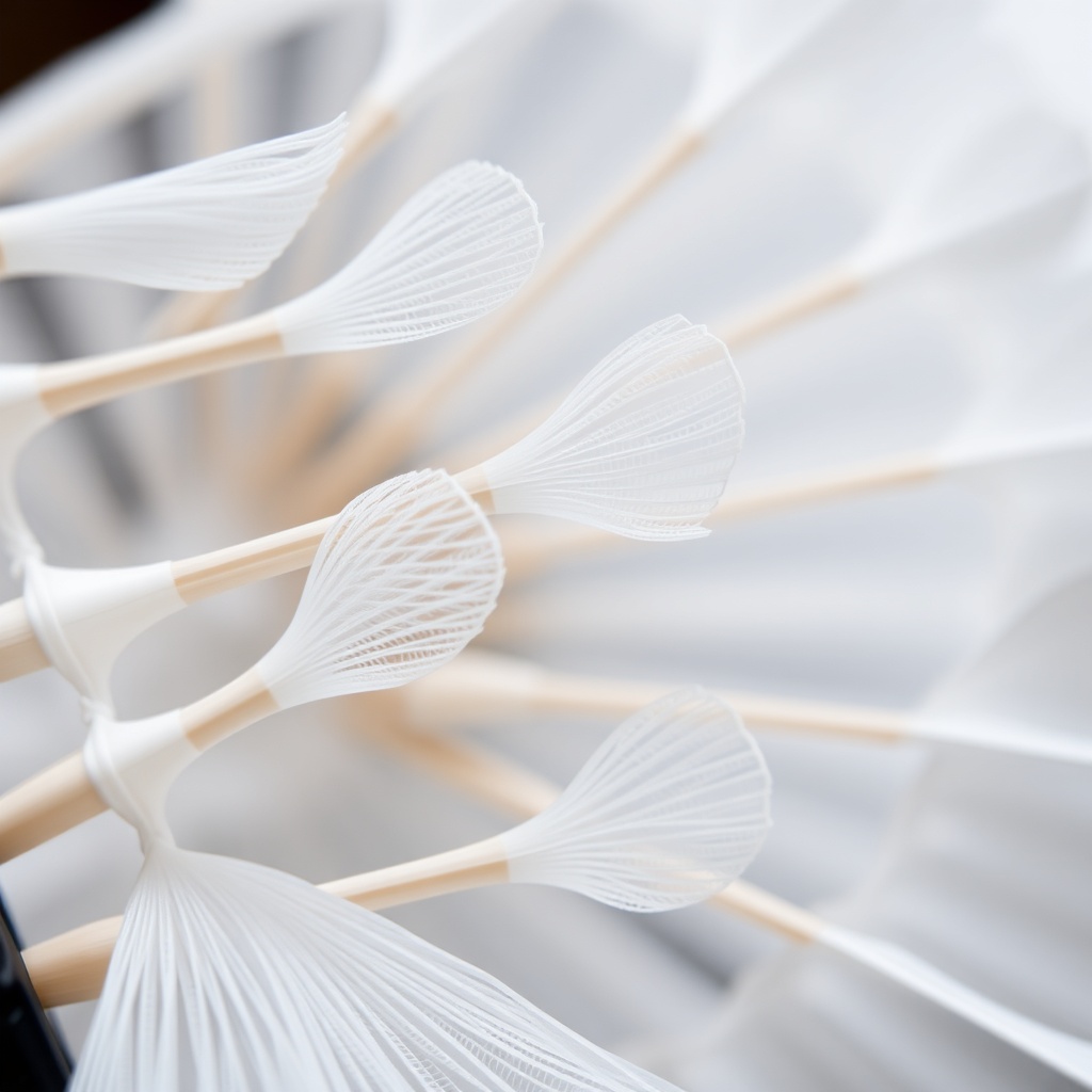 배드민턴 셔틀콕 깃털의 미세한 구조와 결을 보여주는 근접 촬영 이미지