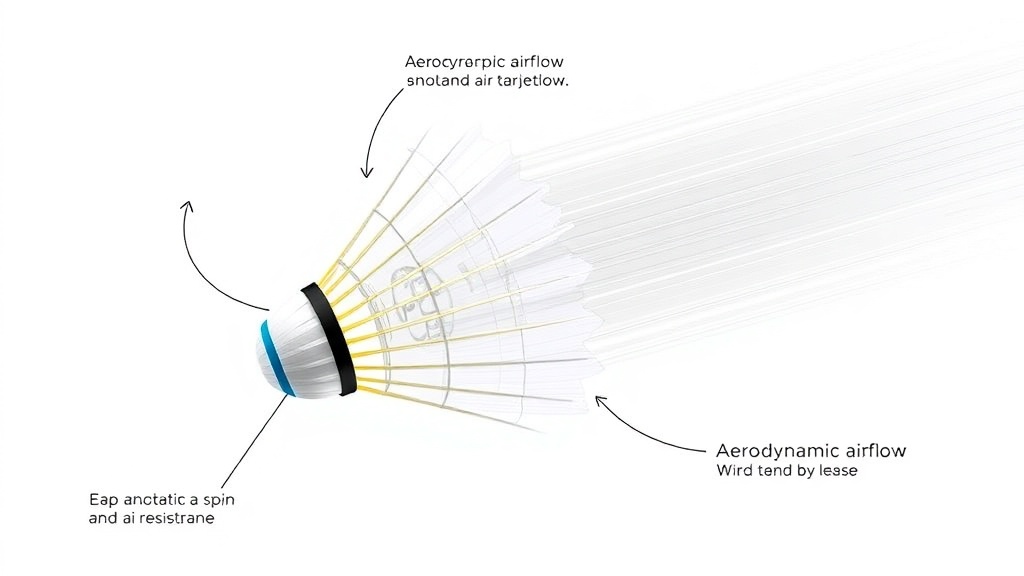 배드민턴 셔틀콕이 공중에서 회전하며 비행하는 공기역학적 흐름과 궤적을 보여주는 다이어그램